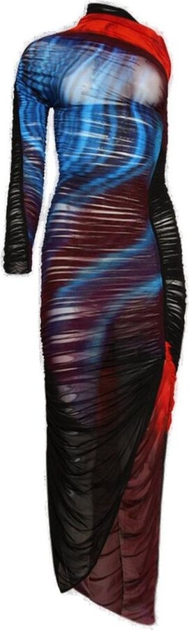 Thierry Mugler Floral Printed Asymmetrical Pierced Ruched Dress