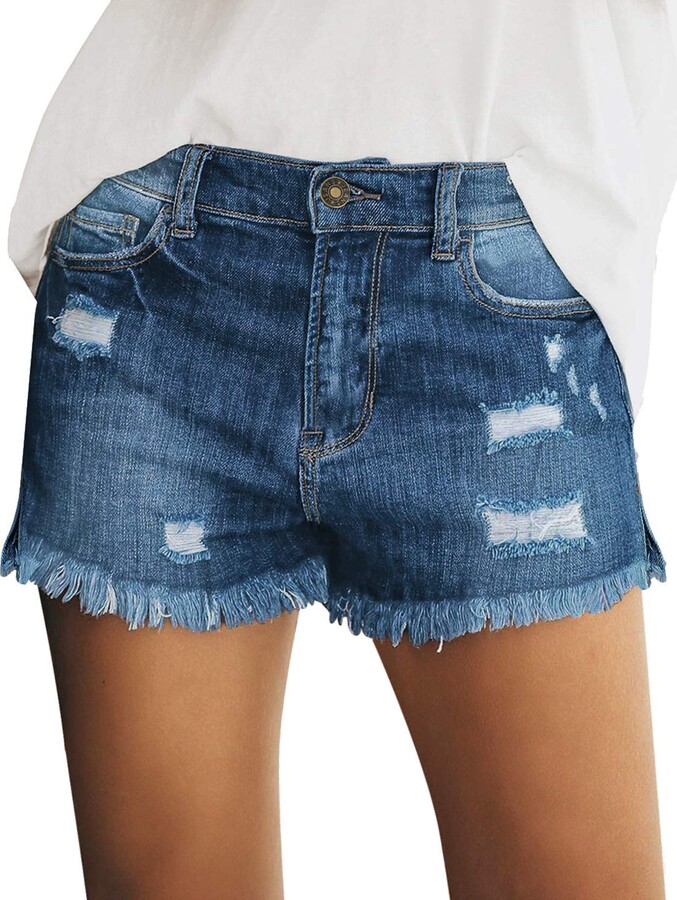 Maolijer Women's Summer Mid Rise Stretch Denim Shorts Frayed Raw Hem Ripped  Distressed Jean Shorts Dark Blue XX-Large - ShopStyle