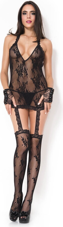 Music Legs Lace halter garter dress with attached stockings 2123-BLACK
