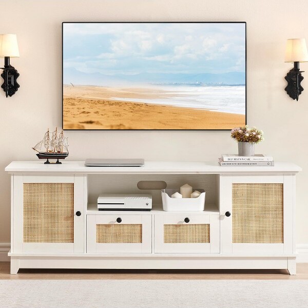 TROPOW TVStand,EntertainmentCenter-for65+InchTV,RattanMediaConsolewithStorage&MeshDoor,ModernWhiteTVCabinetforLivingRoom