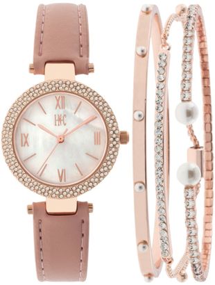 INC International Concepts Women's May Blush Leather Strap Watch and Bangle Set 30mm, Created for Macy's