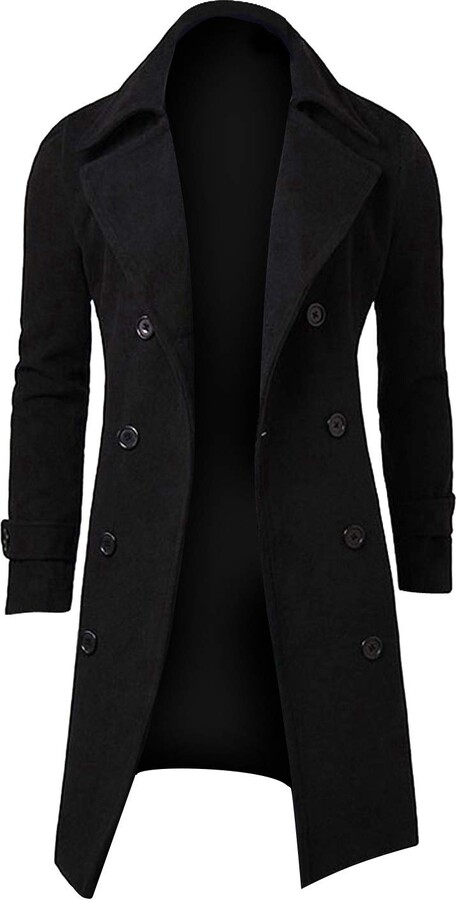 WAIDFU Men's Double Breasted Trench Coat Thick Wool Blend Coat