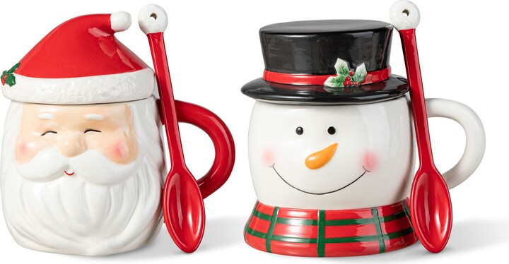 Christmas Santa & Snowman Mug W Lids Spoons S/2