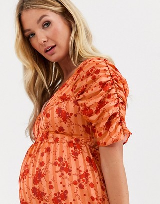 ASOS Maternity DESIGN Maternity button through maxi tea dress with ruched sleeves in floral print