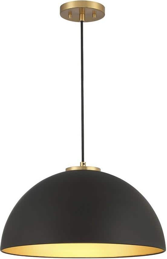 TUXEDO PARK LIGHTING 18 in. W x 10 in. H 1-Light Matte Black with Natural Brass Hanging Pendant Light with Metal Dome Shade