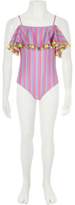 Thumbnail for your product : River Island Girls pink bardot stripe frill swimsuit