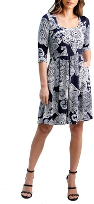 24seven Comfort Apparel Women's Paisley Elbow Sleeve Pocket Fit N Flare Dress