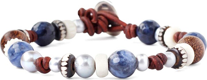Chan Luu Freshwater Cultured Pearl Blue Stone Single Wrap Bracelet on Brown Leather 