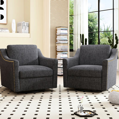 Lark Manor Modern Accent Swivel Armchair Cotton Linen. Ergonomic Seat. Construction. For Bedroom Living Room Office. 33.03in Depth 62.28lb 360 Degree Rotatin