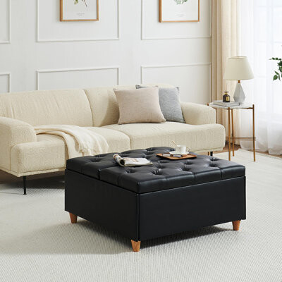 Leather Storage Ottoman Coffee Table With Lift Top, Faux Leather Tufted Upholstered Ottoman With Storage, Large Square Storage Ottoman Bench For Bedro