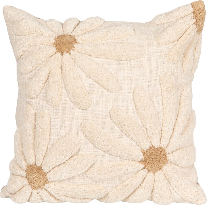 Storied Home Cotton Slub Pillow with Tufted Flowers Natural and Tan Color