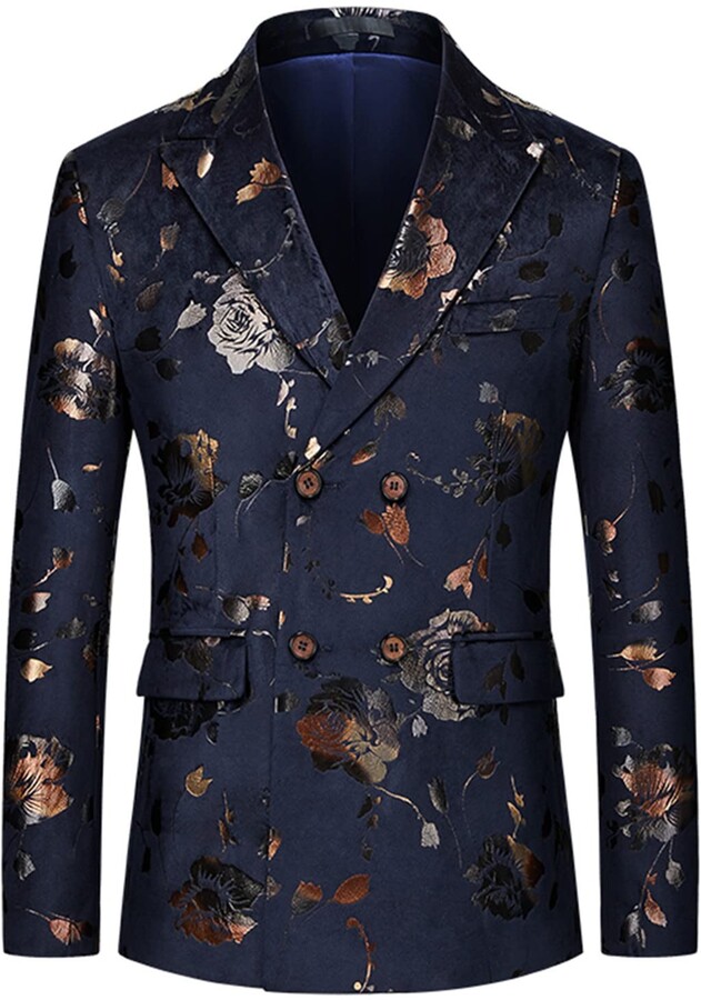Sanykongy Double Breasted Suits Men Gold Bronzing Floral Print Blazer ...