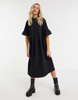 ASOS DESIGN oversized frill sleeve smock sweat midi dress in black