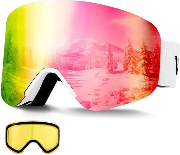 VEVOR Frameless Ski Goggles, Magnetic Cylindrical Lens with Pink Revo Coating, OTG Anti-Fog Snow Goggles for Men Women Youth