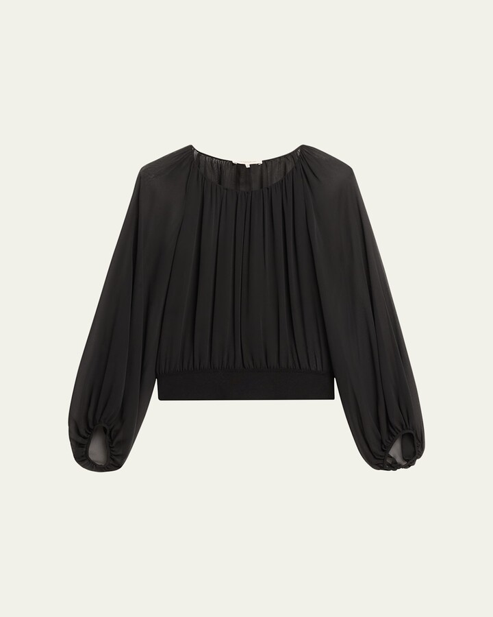 Ruched Balloon-Sleeve Silk Georgette Blouse