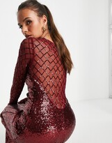 Thumbnail for your product : Goddiva long sleeve sequin maxi dress with fishtail in wine