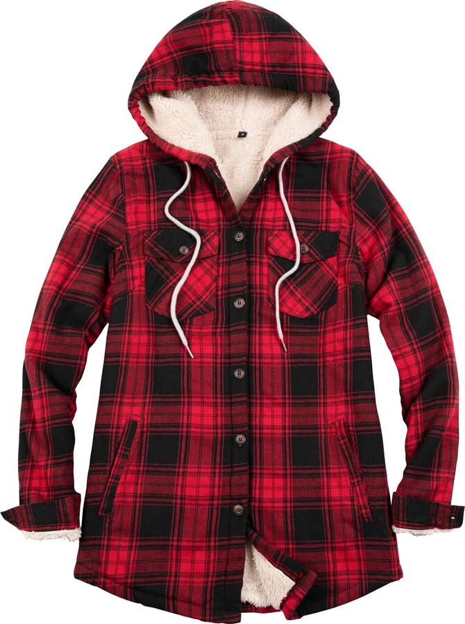 ZENTHACE Womens Sherpa Lined Plaid Flannel Jacket with Hood Button Up Hooded Flannel Shirt