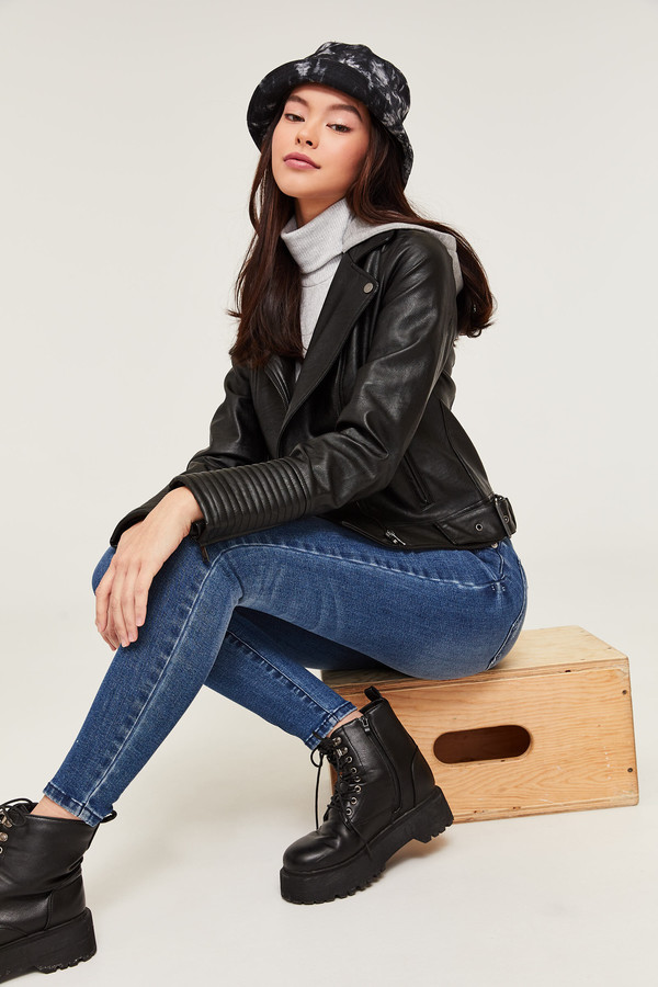 blanknyc denim faux leather trim long hooded jacket