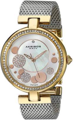 Akribos XXIV Women's AK881TRI Round White Mother of Pearl with Silver and Gold Dial Three Hand Quartz Gold Tone Bracelet Watch