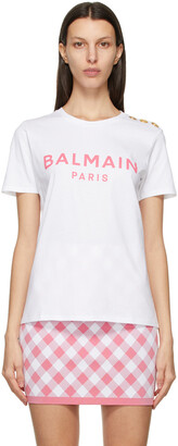 Balmain White & Pink Button Logo T-Shirt