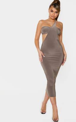Taupe Slinky One Shoulder Detail Extreme Cut Out Midi Dress