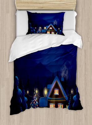 Ambesonne Christmas Winter Scenery with Decorated House and Tree at Night Family Themed Duvet Cover Set