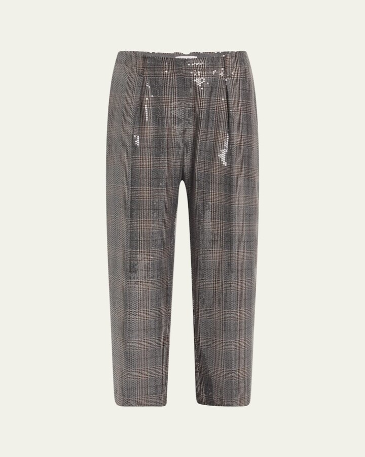 Wool Prince Of Wales Baggy Straight-Leg Ankle Pull-On Pants