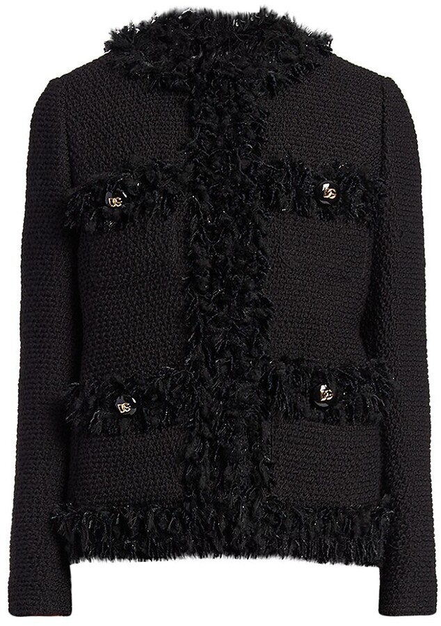 black boucle fringe trim jacket