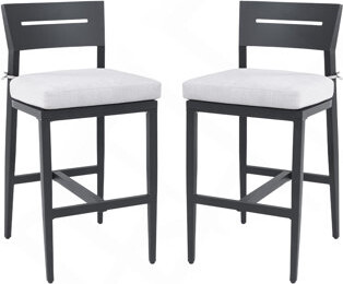 Everly Quinn Modern Outdoor 2PC Bar Stools Aluminum Patio Bar Chair With Ergonomic Backrest Tapered Legs Footrest Ember Black Sunbrella Cushion Weather-Resis