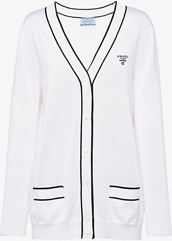 Prada Womens White Intarsia-Logo Raglan-Shoulder Silk-Blend Cardigan 16