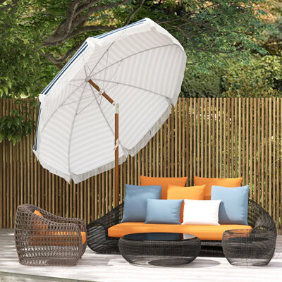 Arlmont & Co. 45 Degree Tiltable Blue Striped Outdoor Parasol With Ventilated Canopy And Fringed Ruffles For Patio Enjoyment 7X7 Ft Tilt Option Ventilation - Flounc