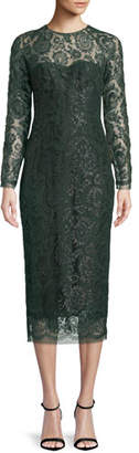 Lela Rose Long-Sleeve Jewel-Neck Lace Sheath Cocktail Dress