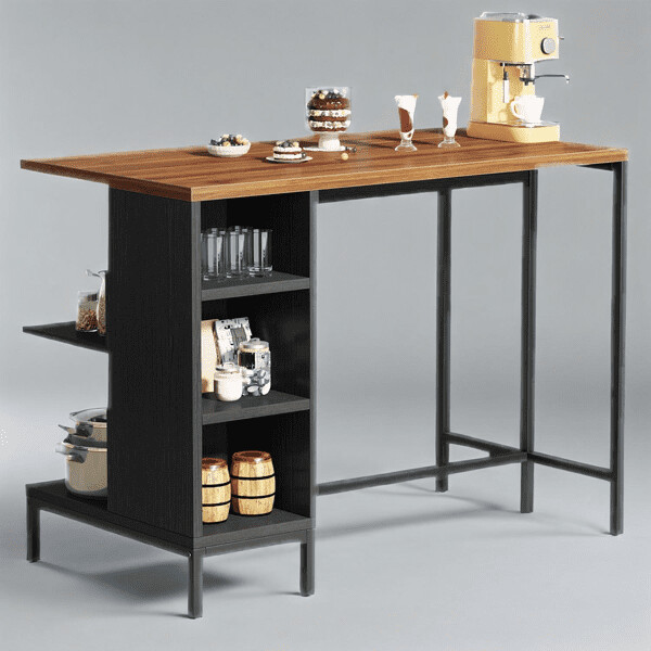 AsterOutdoor Kitchen Island Table w/ 5 Open Shelves & Walnut Top - Freestanding Prep Station w/ Adjustable Feet for Small Spaces, Rustic Storage Solution