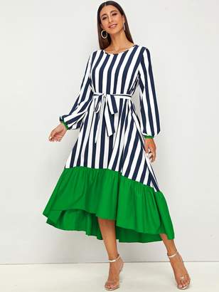 Shein Bishop Sleeve Contrast Ruffle Hem Striped Dress