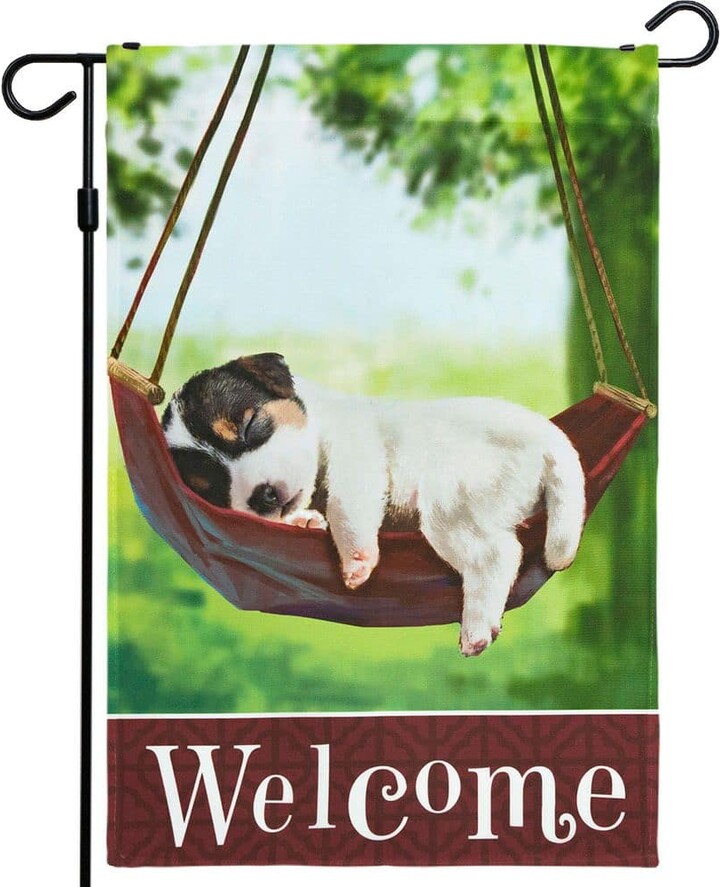 G128 1 ft. x 1.5 ft. Polyester Welcome Sleeping Puppy 2-Sided Garden Flag Printed Blockout