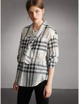 Thumbnail for your product : Burberry Check Tie Neck Cotton Shirt