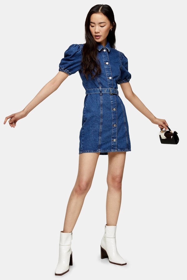 frill belted denim dress