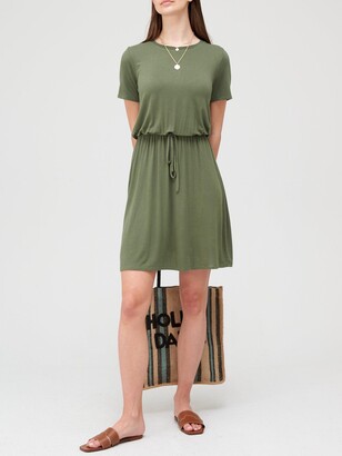 Very Channel Waist Short Sleeve Mini Dress - Khaki