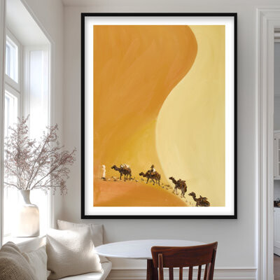 Lark Manor Sahara Desert with Camels | Yellow Landscapes Framed Print