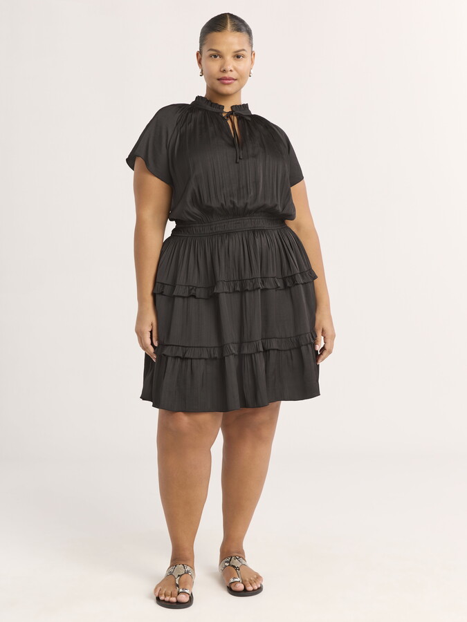 Scoop Women’s Satin Mini Ruffle Dress with Cap Sleeves, Sizes XS-4X