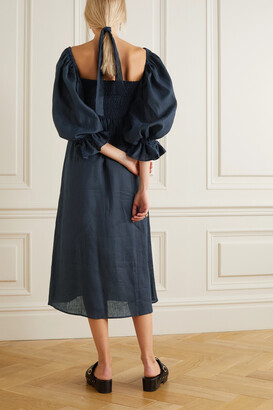 Sleeper + Net Sustain Atlanta Off-the-shoulder Shirred Organic Linen Midi Dress - Navy