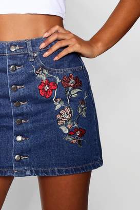 boohoo Petite Denim Embroidered Mini Skirt