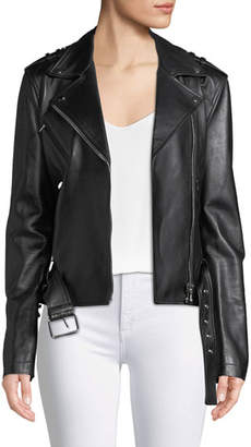 Michael Kors Ruffled-Sleeve Lamb Leather Moto Jacket