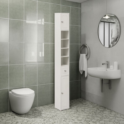 A Tall, Slim Freestanding Bathroom Cabinet With 1 Drawer, 2 Doors And Adjustable Shelves, Perfect For Bathroom Spaces And Organising Your Storage Need