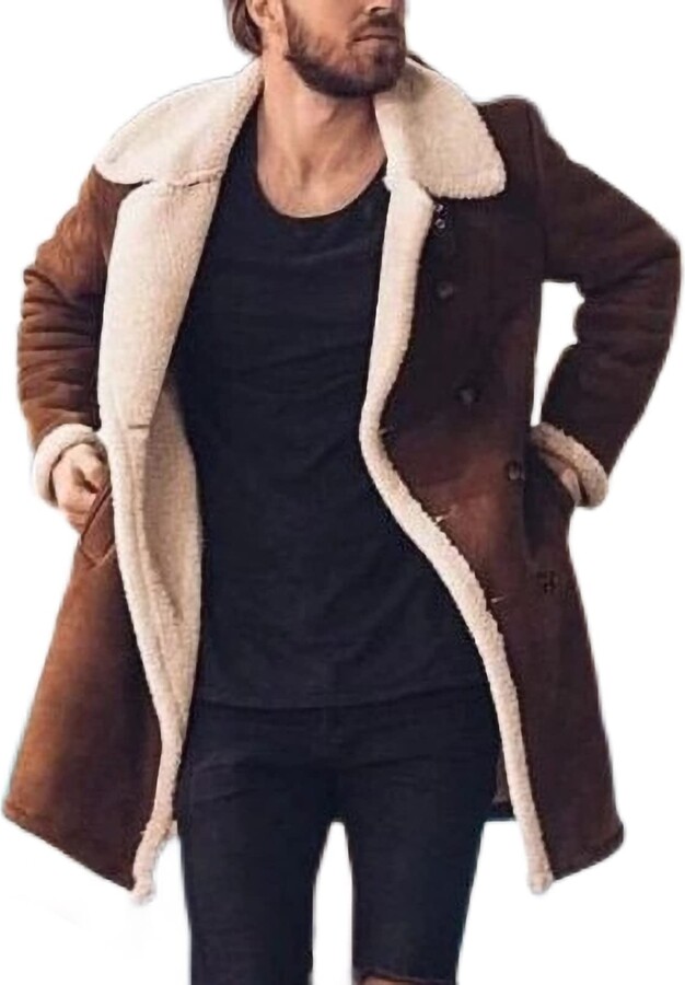 TOSHIKII Men's Sherpa Fleece Lined Suede Jacket Men's Sheepskin Casual