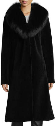 Belle Fare Long Single-Button Sheep Fur Coat w/ Fox Collar