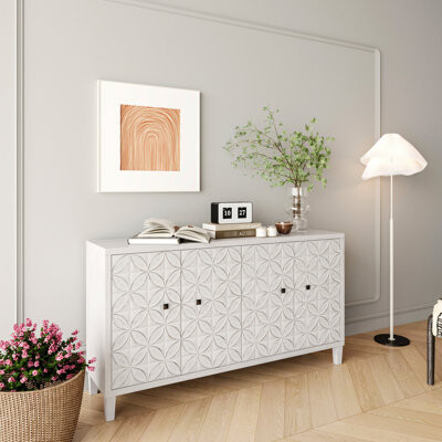 White Wash Accent 4 Door Cabinet, Wooden Sideboard Buffet Server Storage. For Living Room, Entryway, Hallway, Office, Kitchen And Dining. Adjustable S