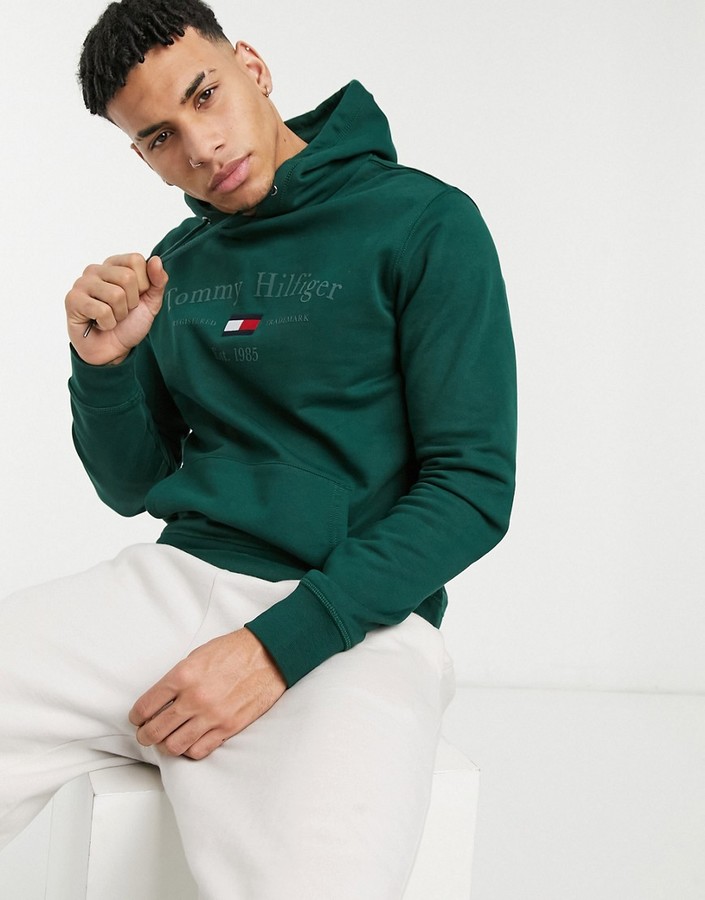 Tommy Hilfiger central logo hoodie in hunter green - ShopStyle