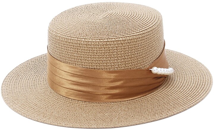 EOZY Womens' Flat Brim Flat Top hat Wide Brim Straw Boater Round Flat ...