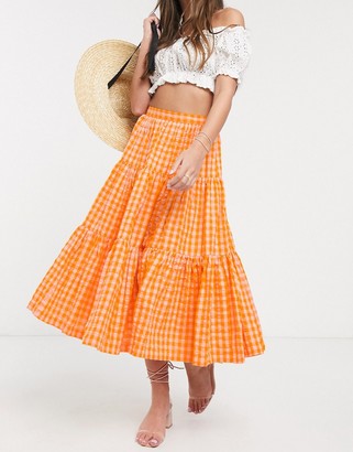 ASOS DESIGN Petite tiered gingham midi skirt in orange